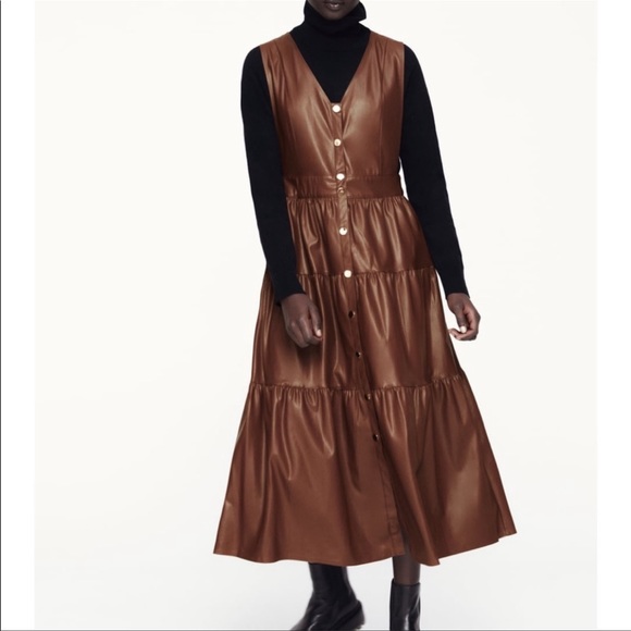 Zara Brown Faux Leather Midi Dress - Picture 1 of 8